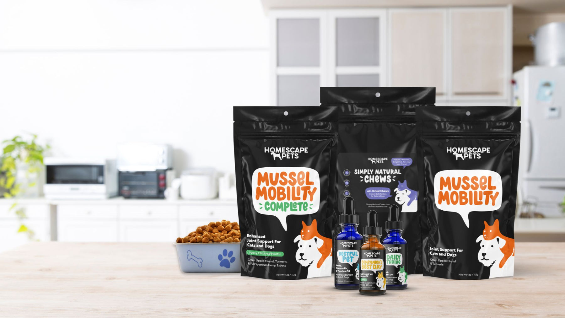 Pet Supplements and treats on kitchen counter next to bowl of kibble - by Homescape Pets
