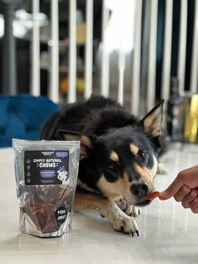 black and tan dog eating pork jerky with pouch of pork jerky in front of them | Homescape Pets